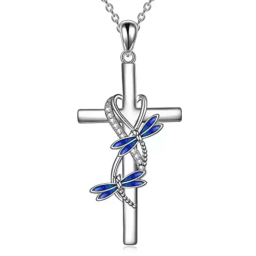 POPLYKE Dragonfly Cross Necklace for Mother Daughter 925 Sterling Silver Dragonfly Pendant Necklace for Sister Butterfly Jewelry Gifts for Grandma