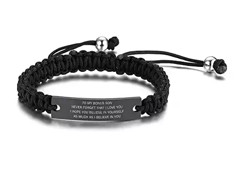 To My Bonus Son Bracelet Gift l Never Forget that I Love You Engraved Handmade Braided Rope Bracelet from Stepmother/Stepfather, Stepson Gift for Birthday Graduation Adoption Gifts for Step Son