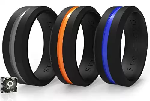 Arua Silicone Rings for Men. 3-Pack. Rubber Wedding Bands for Men Designed for Sportsmen, Workers and Active Types. Grey, Orange, Blue Thin Middle line. Gift Box Included