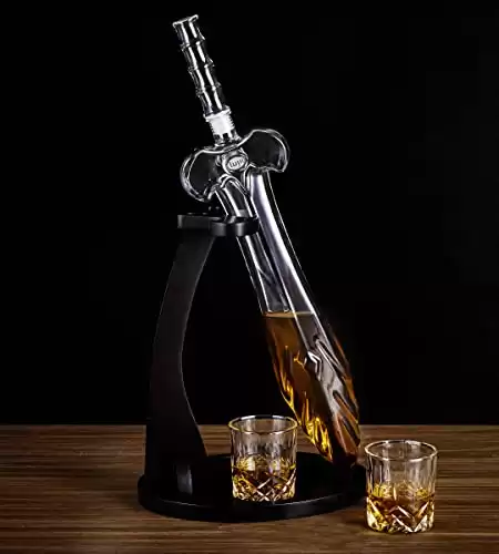 LUJII Heroic Sword Whiskey Decanter Set for Real Men, Hand Blown Liquor Dispenser with 2 Glasses & Wooden Tray, Alcohol Holder for Bourbon, Scotch or Brandy, Gift for Dad, Husband or Boyfriend, 85...