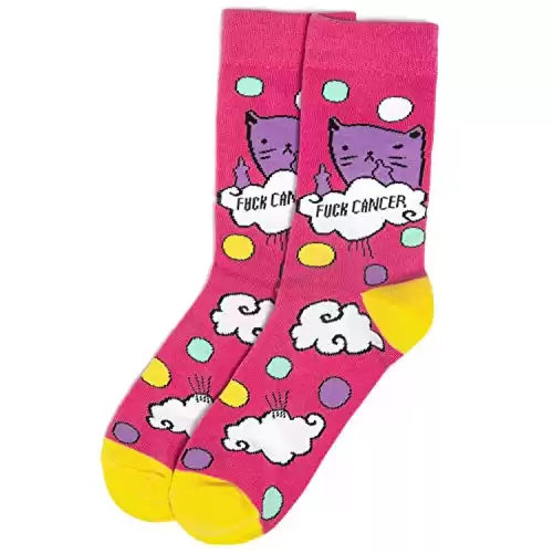 F Cancer Pink Socks - Funny Gift for Cancer Survivor or Chemo Patient - For Women and Men (Bad Kitty))