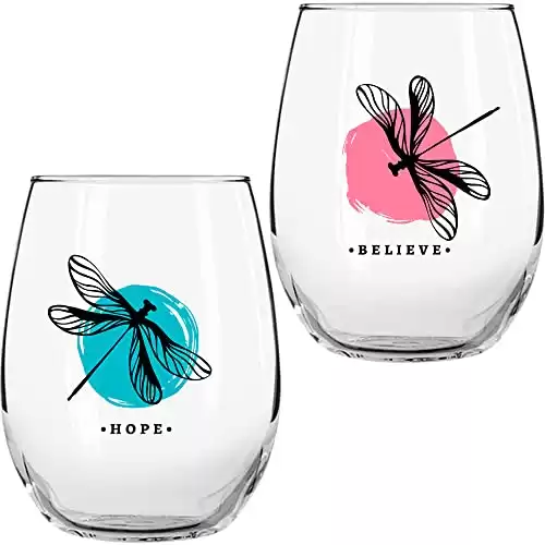 Dragonfly Gifts for Women - Stemless Wine Glass 2 Pc Set - 17 Oz - Spiritual Dragon Fly Gifts Decor for Home or Kitchen - Wine Tumbler Cups for Wine Coffee Tea Dragonflies Drinking Cup Mug Glasses