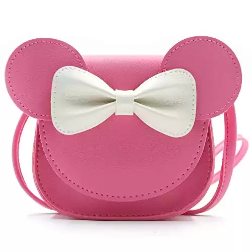 HXQ Little Mouse Ear Bow Crossbody Purse,PU Shoulder Handbag for Kids Girls Toddlers(Rose Pink)