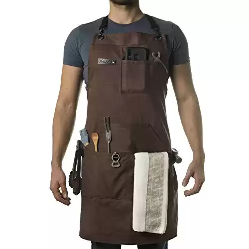 Asaya Chef, BBQ and Work Apron with Bottle Opener and Hand Towel - Durable 10oz Cotton Canvas, Brass Hardware and Cross Back Straps - For Men, Women, Grilling, and Cooking (Brown)