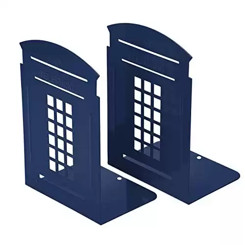 Bookends Blue, MerryNine 1 Pair Heavy Metal Non Skid Sturdy Telephone Booth Decorative Gift for Bookshelf Office School Library