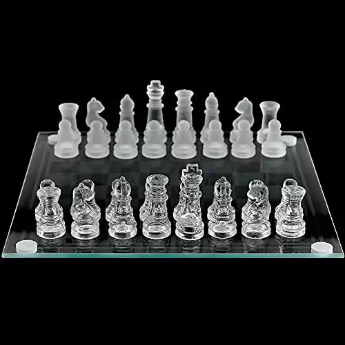 Kicko Small Glass Chess Set - 7.5 Inch - Transparent Board Game with Frosted and Clear Pieces, Felt Bottom, and Storage Box with Carrying Handle - for Family Game Night, Kids, Boy or Girl 33 Pieces
