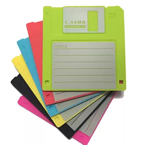 Novelty Design Silicone Drink Coasters Blanked label Retro 3.5 Inches Floppy Disk All-weather, 4.7 x 3.6", Set of 6 Black, Red, Yellow, Blue, Cherry, and Green