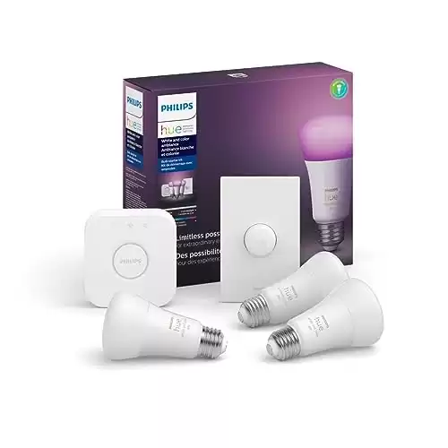 Philips Hue White and Color Ambiance Base Lumen (75W) Smart Button Starter Kit, 16 Millions Colors, Works with Amazon Alexa, Google Assistant, Apple HomeKit 75 Watt (OLD VERSION)