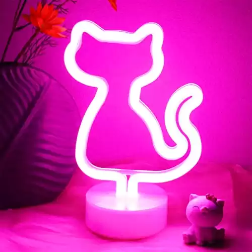 Neon Light Cat Neon Signs Night Light Cute Pink Cat Room Decor with Holder Base Table Neon Light for Children's Room, Party Wedding and Christmas, Gift for Cat Lover, Kids,Girls,Office
