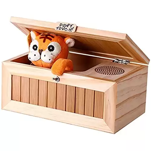 COTUMEl Useless Box Wooden Leave Me Alone Machine Fun Practical Surprise Joke Box Tiger Toy Gifts for Kids Adults (Yellow , One Size)