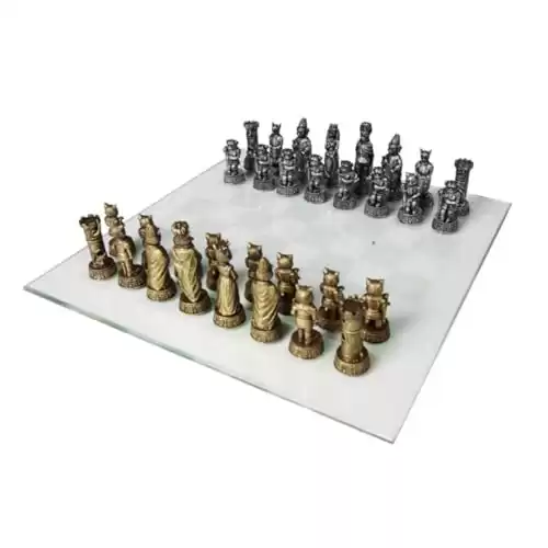 Cats Versus Dogs Chess Set 3.5 Inch Tall Hand Painted with Glass Board