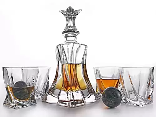 Unique Whiskey Decanter and Glass Set - Premium LeadFree Crystal Decanter and Whiskey Glasses, with King Sized Whiskey Stones, Sophisticated Luxury Bourbon Gifts for Men, Elegant Liquor Dispenser