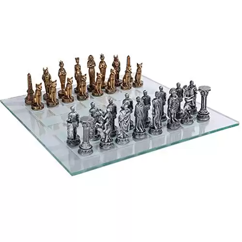Pacific Trading Egyptian vs Roman Chess Set with Glass Board New