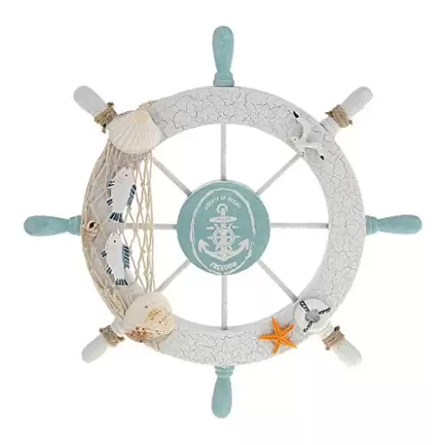 Rienar Nautical Beach Wooden Boat Ship Steering Wheel Fishing Net Shell Home Wall Decor White - Fish