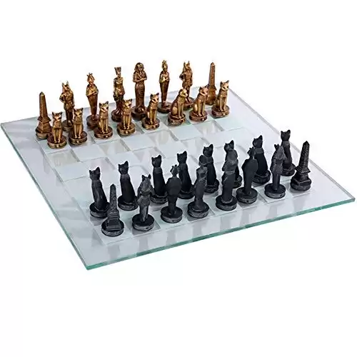 Pacific Giftware Ancient Egyptian God Kingdom Civil War Chess Set with Glass Board 17" x 17" -33PCS [Gold & Black] [Obelisk, Anubis, Bastet, King TUT, Nefertiti, Osiris]