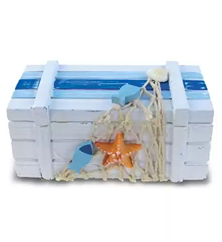 CoTa Global Light Blue Stripes Wooden Jewelry Box - Handcrafted Nautical Trinket with Starfish and Fishing Net Decorations, Accent Tabletop Home Decor - 5 Inch