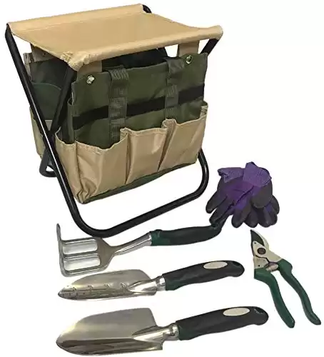 Gardening Tools Set Gardening Stool Set Organizer | Gardening Chair | Gardener Tool Bag Seat | Digging Claw Garden | Top Gardening Gifts for Mom and Dad Includes Aluminum Tools Bench