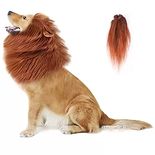 GABOSS Lion Mane for Dog Costume, Realistic Funny Lion Wig for Medium to Large Sized Dogs, Halloween Fancy Dog Lion Mane (Ear Tail), Dark brown