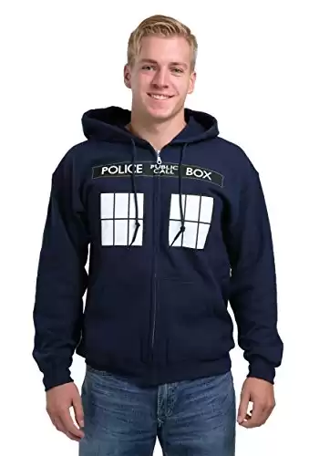 Ripple Junction Doctor Who Men’s Full Zip-Up Hooded Sweatshirt Tardis Police Public Call Box Fleece BBC Hoodie Medium Navy