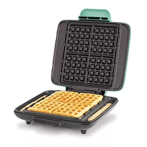 Dash Deluxe No-Drip Waffle Iron Maker Machine 1200W + Hash Browns, or Any Breakfast, Lunch, & Snacks with Easy Clean, Non-Stick + Mess Free Sides, Aqua