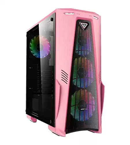 Apevia Crusader-F-PK Mid Tower Gaming Case with 1 x Full-Size Tempered Glass Panel, Top USB3.0/USB2.0/Audio Ports, 4 x RGB Fans, Pink Frame