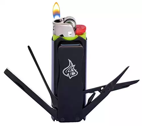 LighterBro Stealth Black - Stainless Steel Sleeve to Transform Your Pocket Lighter - Lighter Case with Poker, Super Sharp Knife & Scissors, Bottle Opener, Screwdrivers, & Keychain Holder