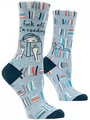 Blue Q Women's Crew Socks - Fuck Off, I'm Reading. Perfect for Book Lovers. Fit shoe size 5-10. Cute image on a light blue background.