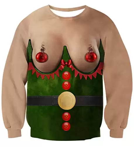 uideazone Men Women Ugly Christmas Elf Boobs Sweater Funny X-mas Tee Shirt Gift Clothes Top for Party Holiday