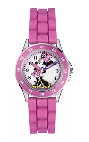 Accutime Kids' Analog Watch with Silver-Tone Casing, Pink Bezel, Pink Strap - Official Minnie Mouse Character on The Dial, Time-Teacher Watch, Safe for Children - Model: MN1157