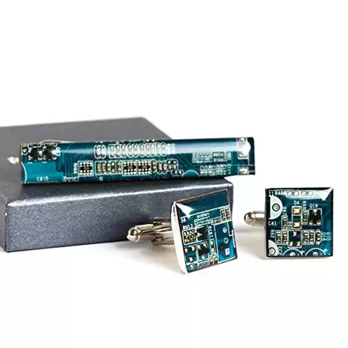 Unique Cufflinks and Tie Clip set, recycled circuit board jewelry for men (Blue)