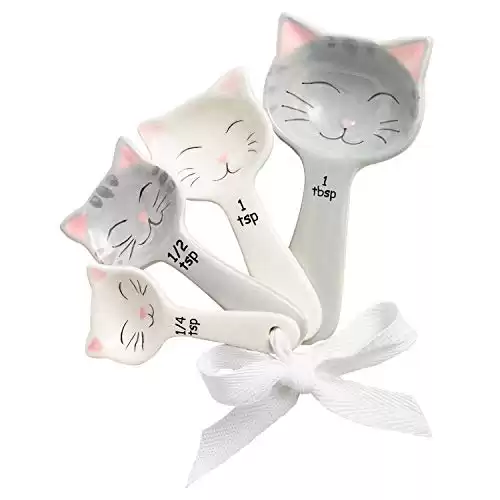 Cat Shaped Ceramic Measuring Spoons - Gift for Any Cat Lover - Cat Ceramic Measuring Spoons Baking Tool - Creative Functional Kitchen Decor - Comes in White and Gray - Set of 4
