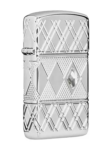 Zippo Diamond Pattern Design Pocket Lighter, Slim High Polish Chrome Diamond Design, One Size