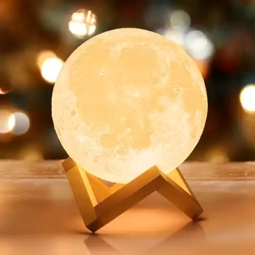 Mydethun Moon Lamp - Gifts for Dad, Home Décor, with Brightness Control, LED Night Light, Bedroom, Sleep Training Meditation, Birthday Gifts for Women, with Wooden Base, 7.1 inch, White & Yellow