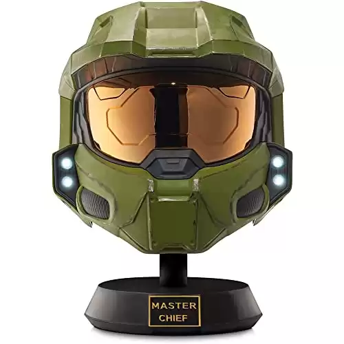 Halo Master Chief Deluxe Helmet with Stand - LED Lights on Each Side - Battle Damaged Paint - One Size Fits Most – No Sounds or SFX