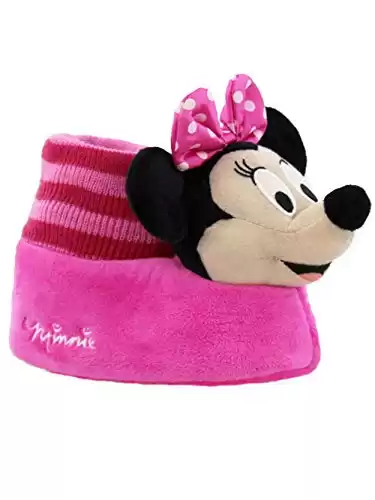 Minnie Mouse Disney Toddler Girls Plush 3D Minnie Head Sock Top Slippers (7-8 M US Toddler, Pink/Black)