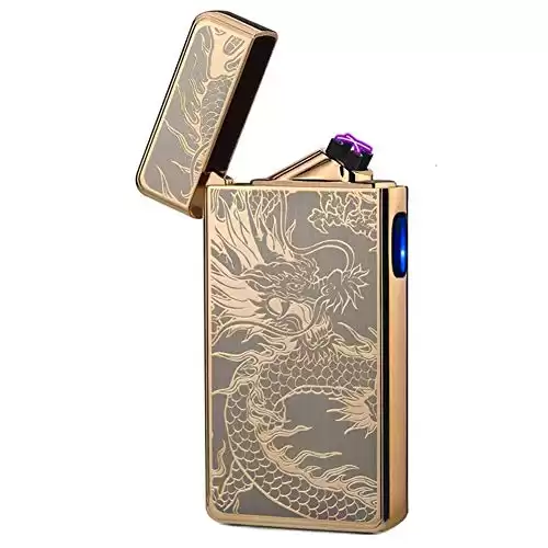 LcFun Dual Arc Plasma Lighter USB Type C Rechargeable Electronic Windproof Flameless Butane Free Electric Candle Lighter (Gold Dragon)