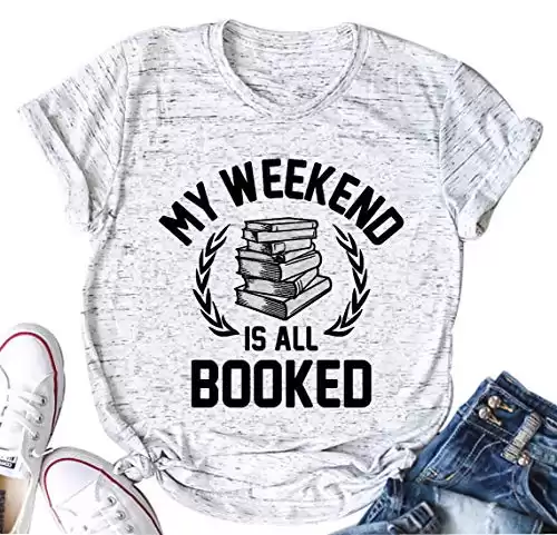 licson My Weekend is All Booked T Shirt Women Funny Cute Book Reader Reading O-Neck Tee (X-Large) White