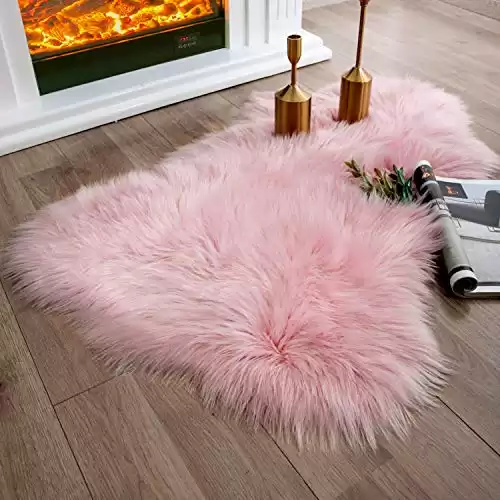 Ashler Faux Fur Rug, Fluffy Shaggy Area Rug 2 x 3 Feet Sheepskin Fur Rug, Pink Fuzzy Rug Machine Washable Shag Rug, Nursery Decor Throw Rugs for Bedroom, Kids Room, Living Room