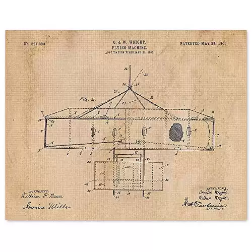 Vintage Airplane Flying Machine Patent Prints, 1 (11x14) Unframed Photos, Wall Art Decor Gifts Under 20 for Home Wright Brothers Office Man Cave Garage School Student Teacher Coach USA Invention Fans