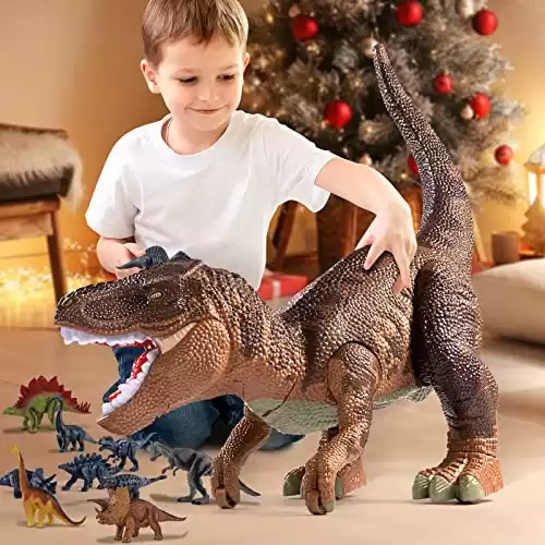 TEMI Large Dinosaur Toys for Kids 3-5, Jumbo Tyrannosaurus Rex with Mist Spray, Light and Sounds, One Big Hollow T-rex Stored with 4 Hand-Painted Dinosaurs and 6 Mini Dinos
