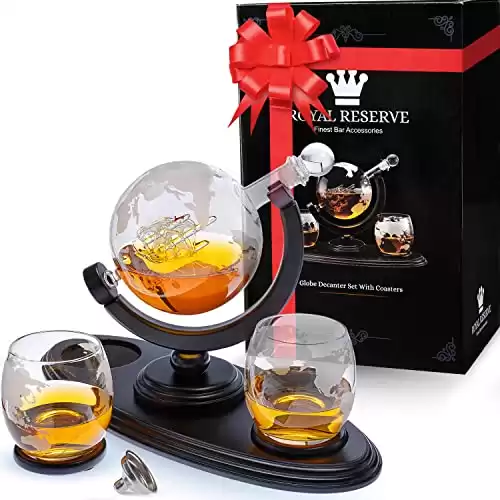 Globe Whiskey Decanter Gift Set by Royal Reserve | Handmade Home Bar Decor Airtight Liquor Dispenser with Scotch Glasses Coasters – Gift for Men Dad Boyfriend Husband Anniversary or Retirement 850 M...