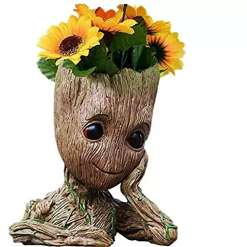 ZUSONUD Baby Groot Pen Pot Tree Man Pens Holder or Flower Pot with Drainage Hole Perfect for a Tiny Succulents Plants 6" (Grayish Brown)