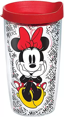 Tervis Disney - Minnie Mouse Name Pattern Tumbler with Wrap and Red Lid 16oz, Clear