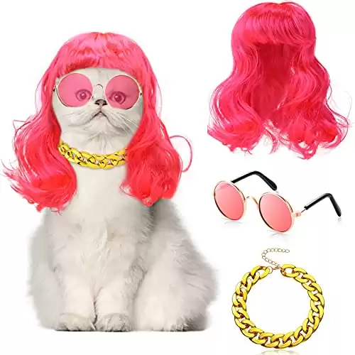3 Pieces Cat Wig Pet Costumes Set, Cat Dog Adjustable Gold Chain, Retro Pet Small Dog Sunglasses with Rose Red Wavy Dog Wig for Halloween Christmas Cat Puppy Small Medium Dog Cosplay
