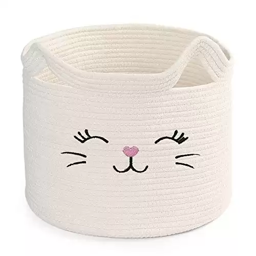 Cat Toy Organizer, Cotton Rope Animal Basket with Handle, Cat Toys Storage Bin for Pets, Cute Woven Containers Holder for Playing Room, Kids Bedroom, 15.7x13''(H)