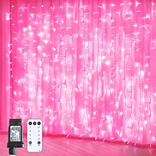 JMEXSUSS 300 LED Remote Control Pink Christmas Curtain Lights, 8 Modes Window Pink Twinkle Lights, Pink String Lights for Bedroom Window Wall Party Backdrop Valentine Decorations (9.8x9.8ft)