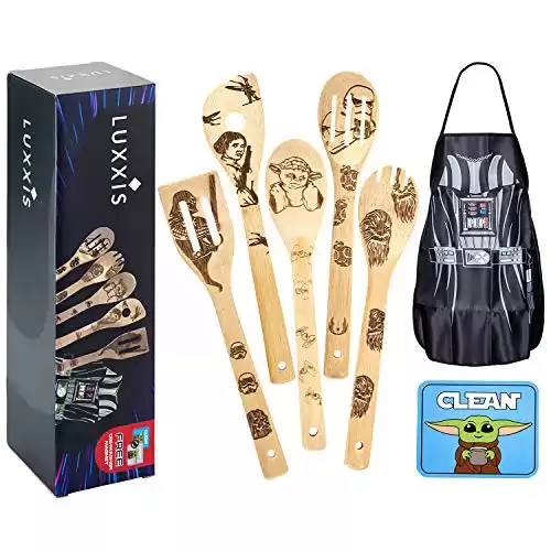 Luxxis Star Wars Gifts Kitchen Accessories Bamboo Cooking Utensils 7PC Set- 5X Organic Bamboo Spoons, 1X Kitchen Apron, 1X Dishwasher Magnet – Premium Cookware and Apron –Adorable Double-Sided Mag...