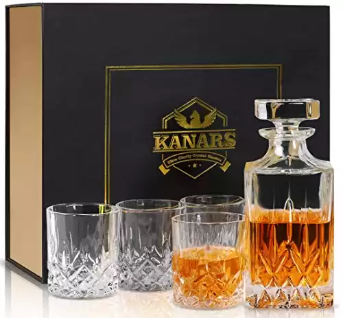 KANARS Whiskey Decanter And Glasses Set in Unique Gift Box - Original Crystal Liquor Decanter Set For Bourbon, Scotch, Vodka, Rum or Whisky, 5-Piece, Gifts for Men Dad