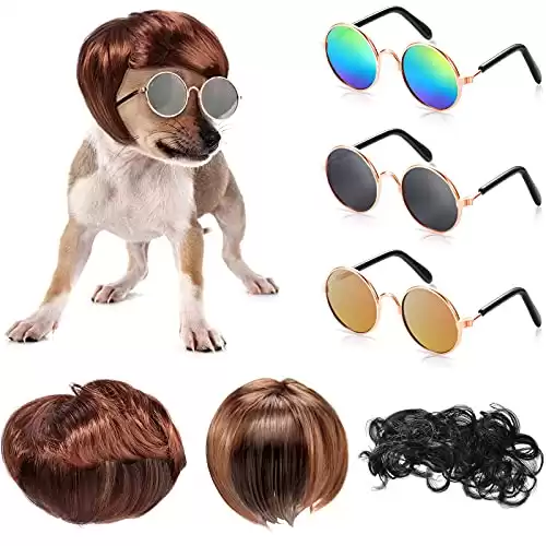 MTLEE 6 Pieces Wigs for Dogs Funny Dog Wig Retro Pet Round Sunglasses Dog Cosplay Costumes Accessories Small Dog Headwear for Holiday Party Decor