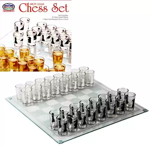 Matty's Toy Stop Small Shot Glass Chess Set Drinking Game Set (10" x 10") with Plastic Shot Glasses (1.5") and Glass Game Board - Drunken Chess